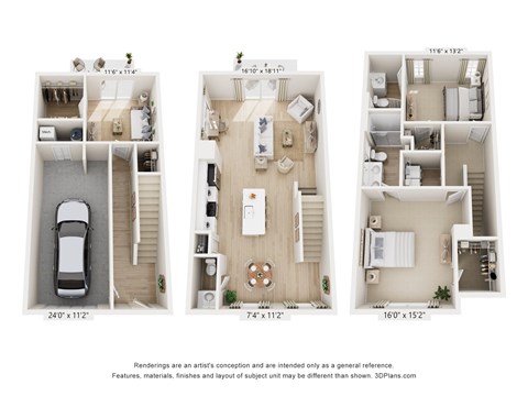 2-bedroom, 2 1/2-bath apartment floorplan with three levels, an attached 1 car garage on the 1st level accompanied by a flex living space, open-concept kitchen and living space on the main floor, and two full beds and baths on the top floor.